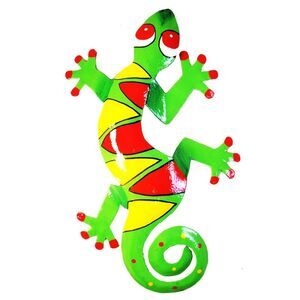Hand Crafted Tropical Rainforest Gecko Decor Haitian Metal Art Yellow Pattern